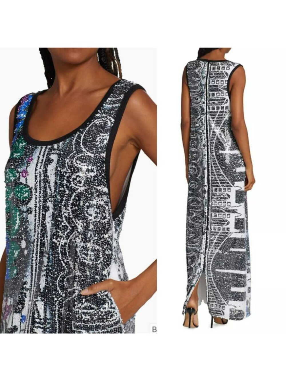 Kimberly Goldson $698 Dress Sequin Black White Brooklyn Graffiti Print Maxi - Picture 2 of 16